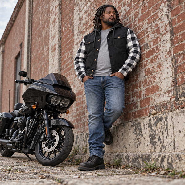 MMCC Men's Gridlock Black/White 14 oz Denim & Plaid Armored Hooded Motorcycle Jacket - MMC10101