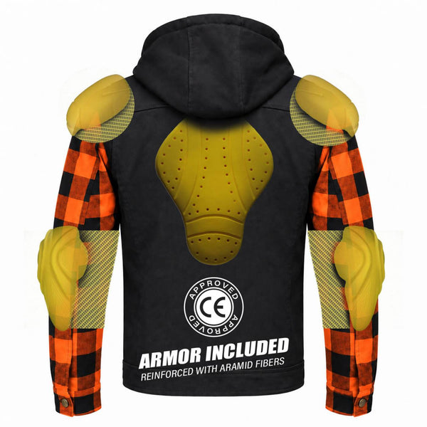 MMCC Men's Gridlock Black/Orange 14 oz Denim & Plaid Armored Hooded Motorcycle Jacket - MMC10102