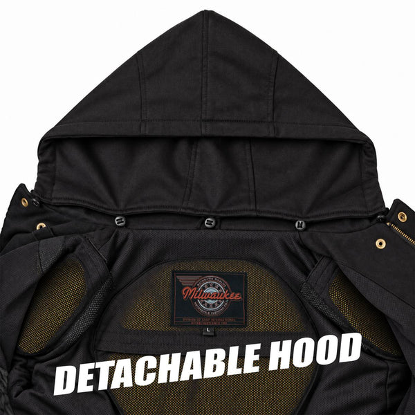 MMCC Men's Gridlock Black/Orange 14 oz Denim & Plaid Armored Hooded Motorcycle Jacket - MMC10102