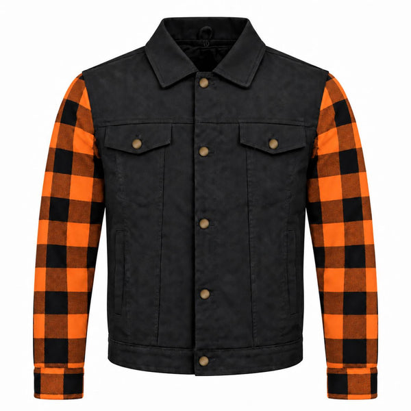 MMCC Men's Gridlock Black/Orange 14 oz Denim & Plaid Armored Hooded Motorcycle Jacket - MMC10102
