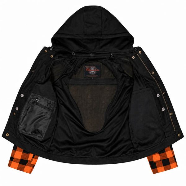 MMCC Men's Gridlock Black/Orange 14 oz Denim & Plaid Armored Hooded Motorcycle Jacket - MMC10102
