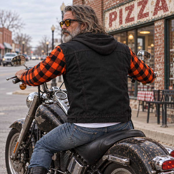 MMCC Men's Gridlock Black/Orange 14 oz Denim & Plaid Armored Hooded Motorcycle Jacket - MMC10102