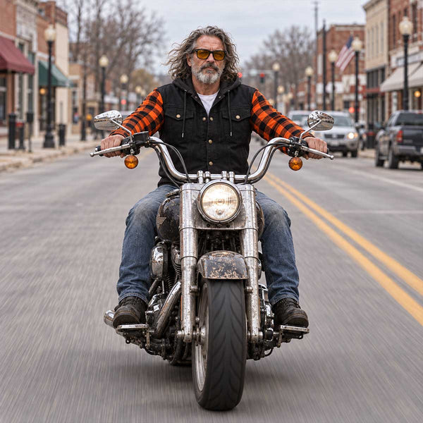 MMCC Men's Gridlock Black/Orange 14 oz Denim & Plaid Armored Hooded Motorcycle Jacket - MMC10102