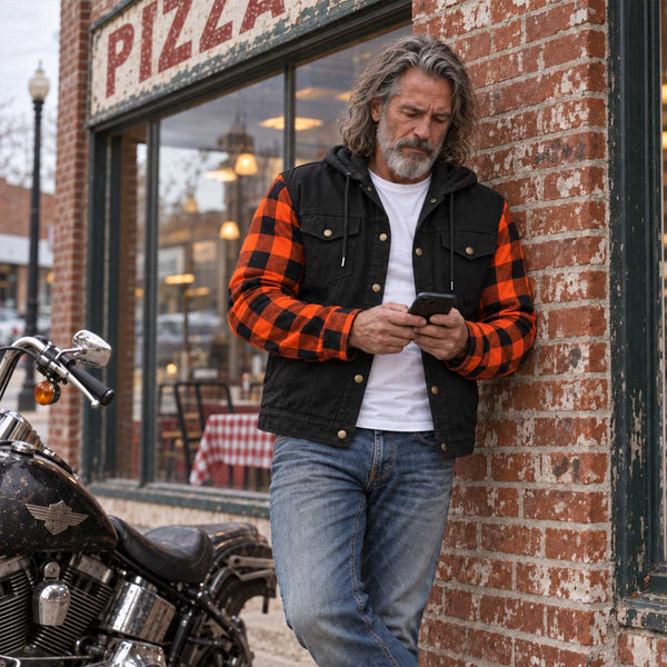MMCC Men's Gridlock Black/Orange 14 oz Denim & Plaid Armored Hooded Motorcycle Jacket - MMC10102