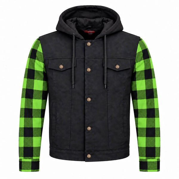 MMCC Men's Gridlock Black/Green 14 oz Denim & Plaid Armored Hooded Motorcycle Jacket - MMC10103