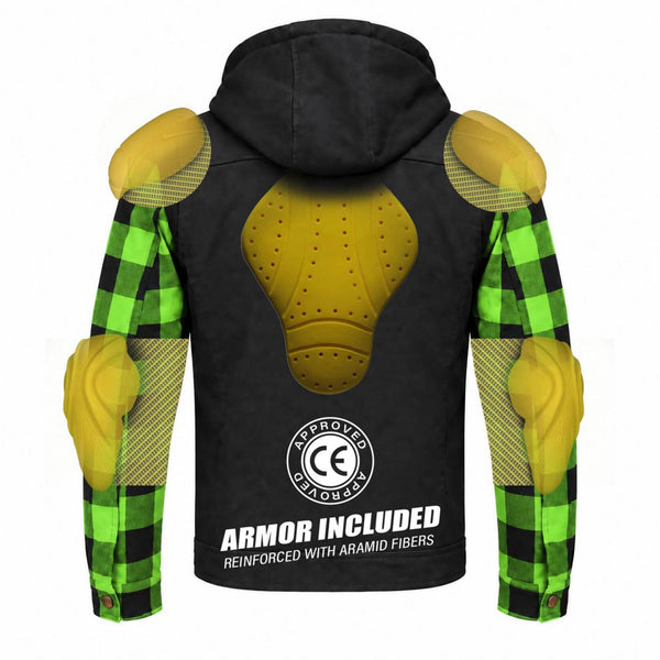 MMCC Men's Gridlock Black/Green 14 oz Denim & Plaid Armored Hooded Motorcycle Jacket - MMC10103