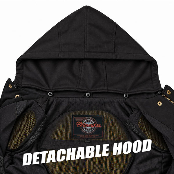 MMCC Men's Gridlock Black/Green 14 oz Denim & Plaid Armored Hooded Motorcycle Jacket - MMC10103