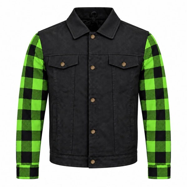 MMCC Men's Gridlock Black/Green 14 oz Denim & Plaid Armored Hooded Motorcycle Jacket - MMC10103