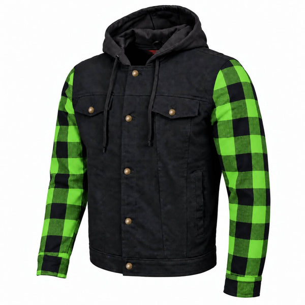 MMCC Men's Gridlock Black/Green 14 oz Denim & Plaid Armored Hooded Motorcycle Jacket - MMC10103