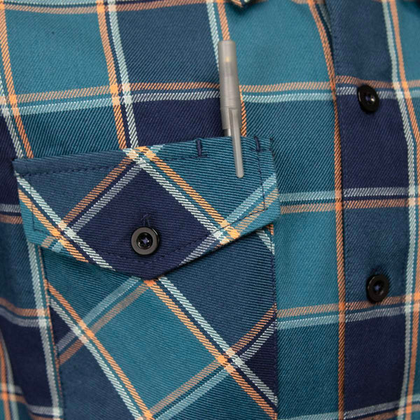 MMCC The Kraken Men's Blue Teal Orange Plaid Flannel Shirt - 100% Cotton Long Sleeve Button-Up - MMC11600