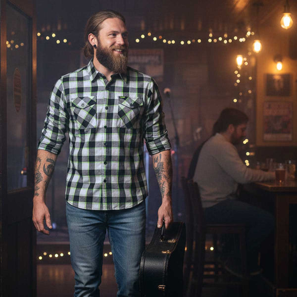MMCC Radioactive Men's Black Gray Green Plaid Flannel Shirt - 100% Cotton Long Sleeve Button-Up - MMC11602