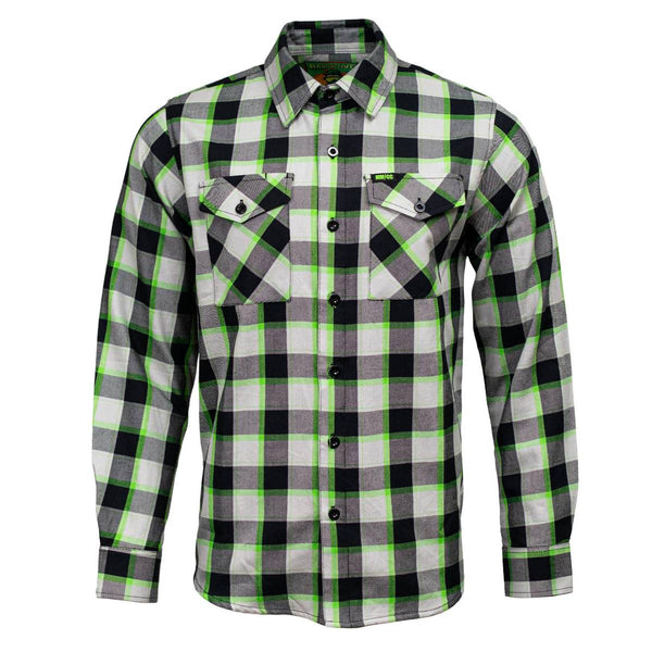 MMCC Radioactive Men's Black Gray Green Plaid Flannel Shirt - 100% Cotton Long Sleeve Button-Up - MMC11602