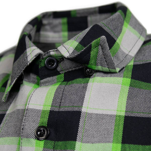 MMCC Radioactive Men's Black Gray Green Plaid Flannel Shirt - 100% Cotton Long Sleeve Button-Up - MMC11602