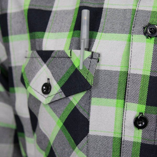 MMCC Radioactive Men's Black Gray Green Plaid Flannel Shirt - 100% Cotton Long Sleeve Button-Up - MMC11602