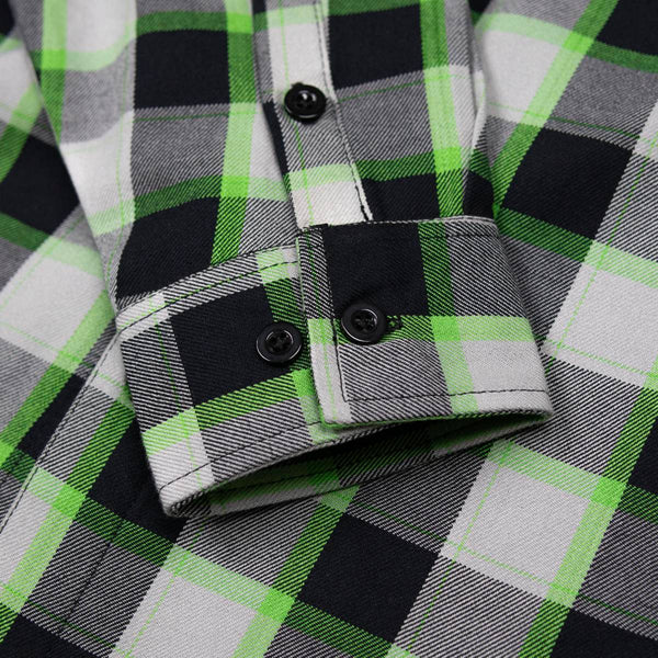 MMCC Radioactive Men's Black Gray Green Plaid Flannel Shirt - 100% Cotton Long Sleeve Button-Up - MMC11602