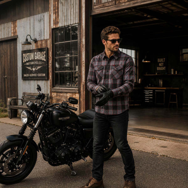 MMCC Men's The Shadow Grey Red Plaid Flannel Shirt - 100% Cotton with Microfiber Wipe Panel - MMC11603