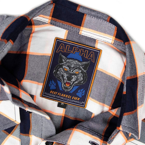 MMCC Men's Alpha Navy White Orange Plaid Flannel Shirt - 100% Cotton with Microfiber Wipe Panel - MMC11604