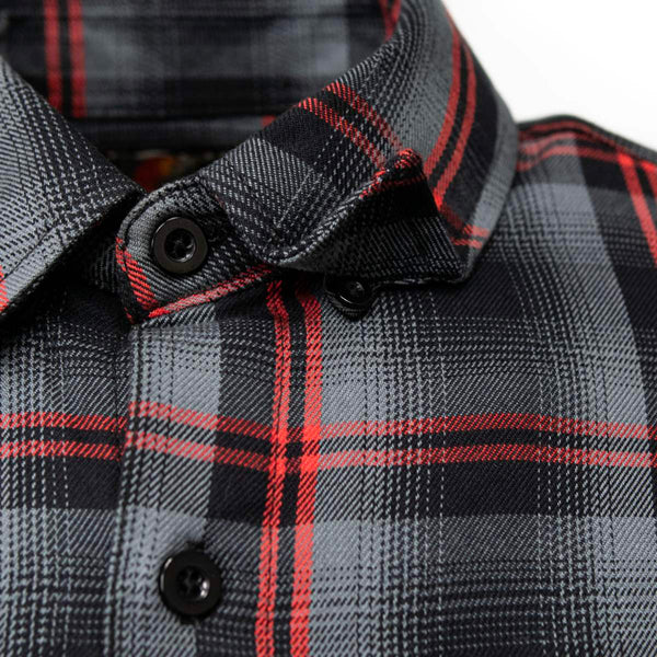 MMCC Men's Eclipse Grey Black Red Plaid Flannel Shirt - 100% Cotton with Microfiber Wipe Panel -MMC11605