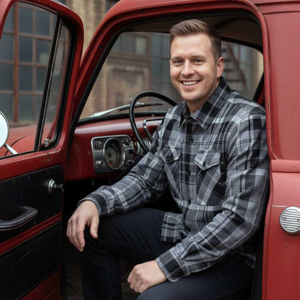 MMCC Men's Mastodon Grey Black White Plaid Flannel Shirt - 100% Cotton with Microfiber Wipe Panel - MMC11606