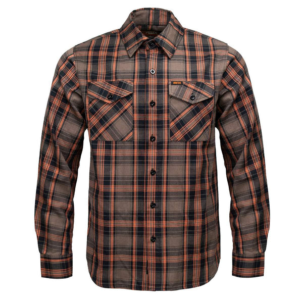 MMCC Men's Brimstone Plaid Black Orange Tan Flannel Shirt - 100% Cotton with Microfiber Wipe Panel - MMC11608