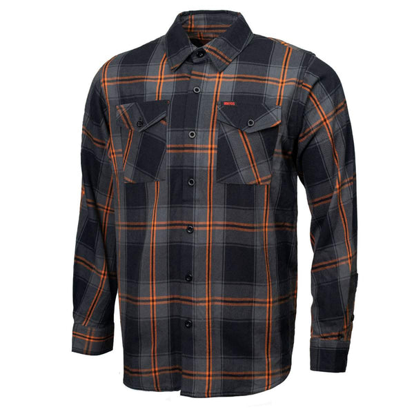 MMCC Burnline Men's Black Gray Orange Plaid Flannel Shirt - 100% Cotton Long Sleeve Button-Up - MMC11623