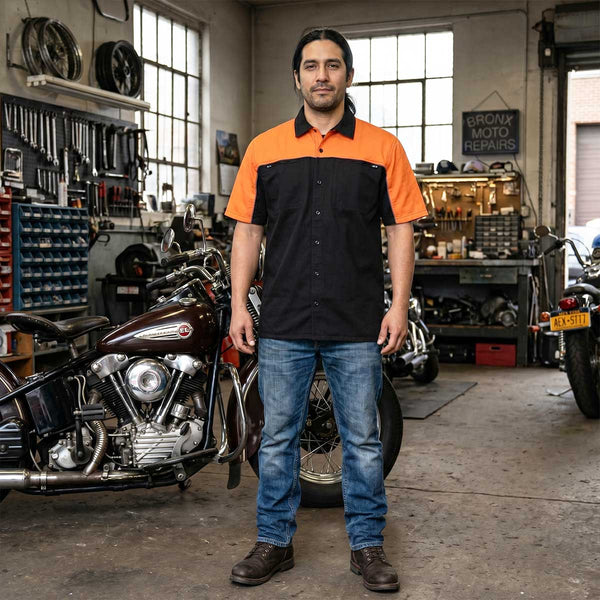 MMCC Men's Reveline Black Orange Grey Classic Mechanic Shirt - 100% Cotton W/ Microfiber Panel - MMC16029