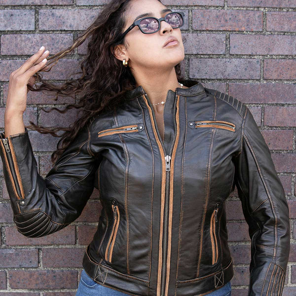 MMCC Women's Rebel Brown Leather Motorcycle Jacket - MMC20003