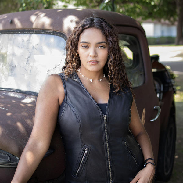 Milwaukee Motorcycle Clothing Co. Women's Jenni Black Premium Leather V-Neck Side Lace Vest MMC40001