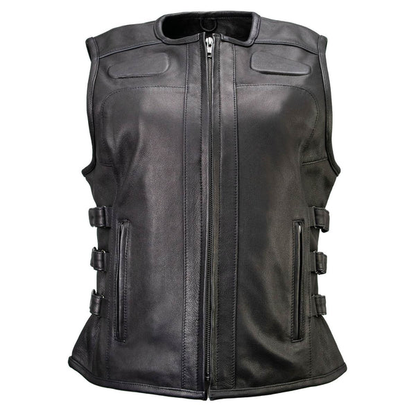 Milwaukee Motorcycle Clothing Co. Women's Gixxer Black Premium Leather Vest w/ Round Neck Side Buckle MMC40003