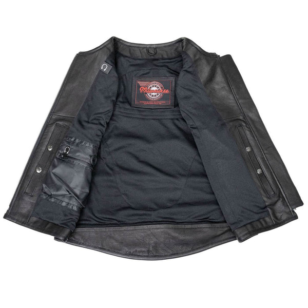 Milwaukee Motorcycle Clothing Co. Women's Gixxer Black Premium Leather Vest w/ Round Neck Side Buckle MMC40003