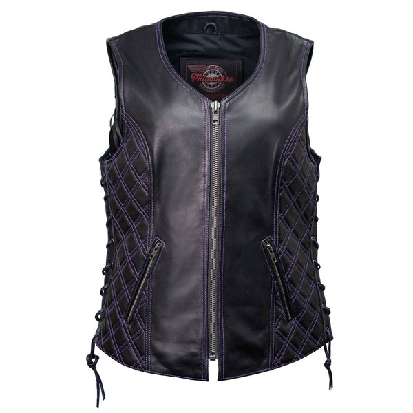 Milwaukee Motorcycle Clothing Co. Women’s Liberty Black and Purple Leather V-Neck Biker Vest w/ Side Lacing MMC40006