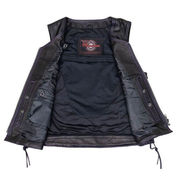 Milwaukee Motorcycle Clothing Co. Women’s Liberty Black and Purple Leather V-Neck Biker Vest w/ Side Lacing MMC40006
