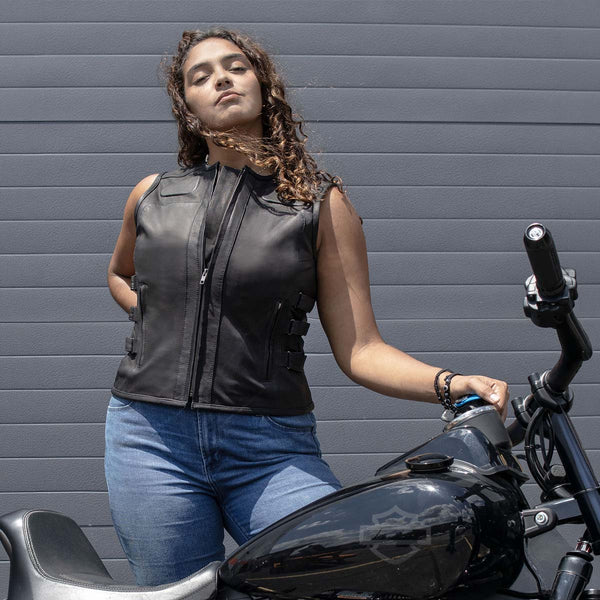 Milwaukee Motorcycle Clothing Co. Women's Gixxer Black Premium Leather Vest w/ Round Neck Side Buckle MMC40003