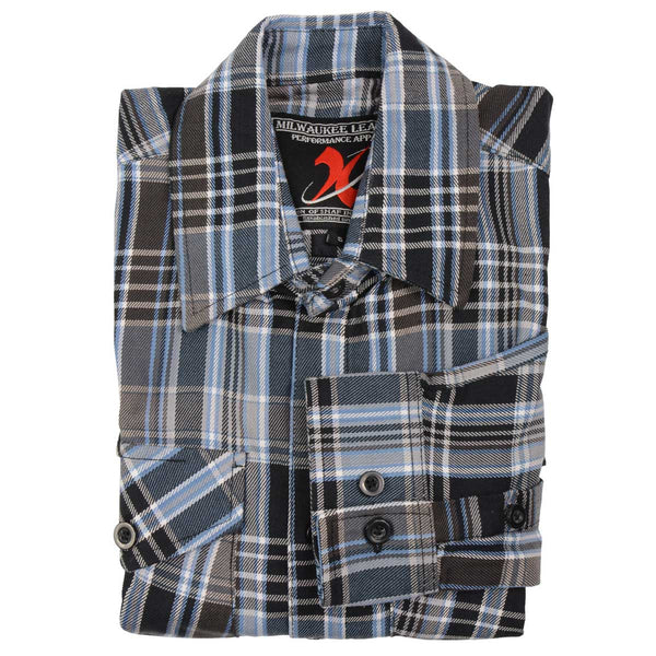 Milwaukee Leather MNG11626 Men's Flannel Plaid Black and White with Blue Long Sleeve Cotton Button Down Shirt