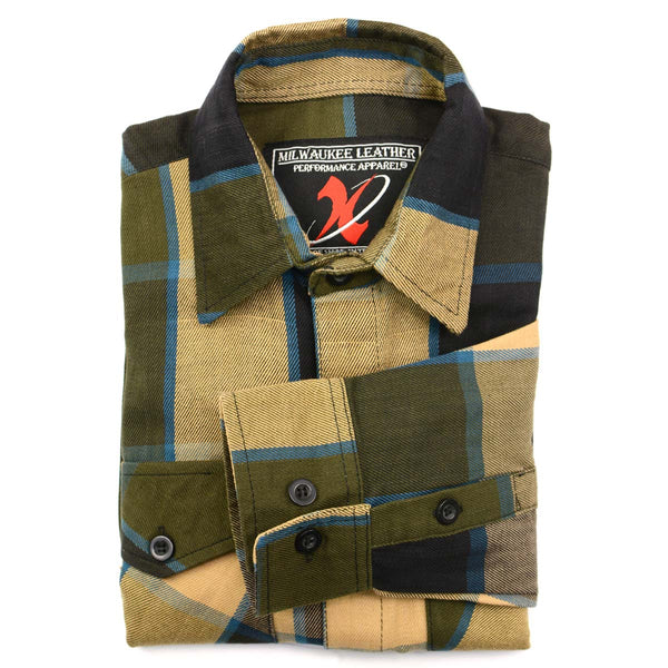 Milwaukee Leather MNG11639 Men's Flannel Plaid Beige with Black and Blue Long Sleeve Cotton Button Down Shirt