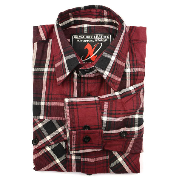 Milwaukee Leather MNG11640 Men's Flannel Plaid Shirt Maroon Black and White Long Sleeve Cotton Button Down Shirt