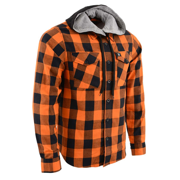 Milwaukee Leather MNG11642 Men's Flannel Plaid Orange and Black Long Sleeve Cotton Button Down Shirt w/ Hoodie