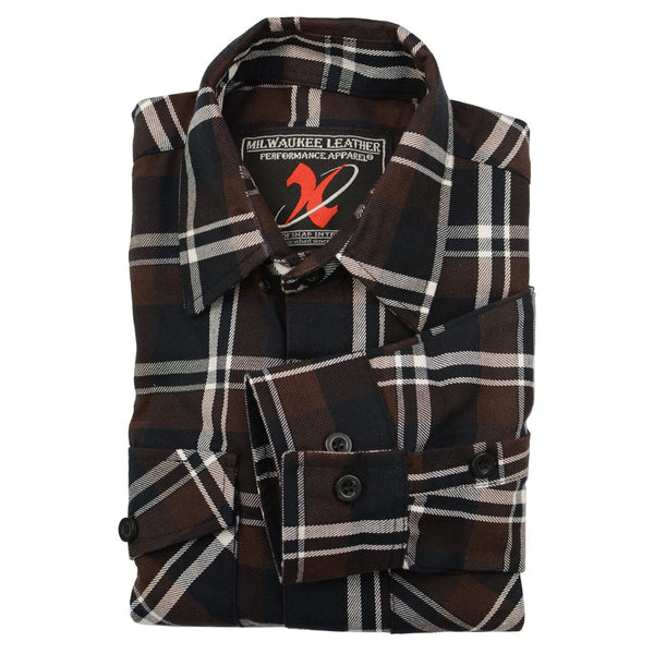 Milwaukee Leather MNG11643 Men's Flannel Plaid Brown Black and White Long Sleeve Cotton Button Down Shirt