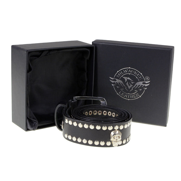 Milwaukee Leather MP7103 Men's Black Studs and Skulls Genuine Leather Belt with Buckle - 1.5 inches Wide