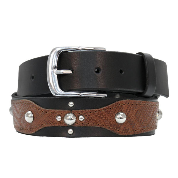 Milwaukee Leather Men's Black Two-Tone Stud Accent Genuine Leather Belt w/ Interchangeable Buckle - MP7130