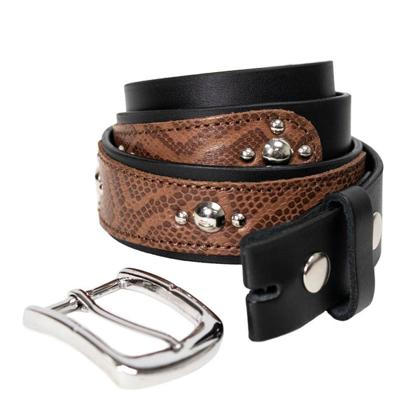 Milwaukee Leather Men's Black Two-Tone Stud Accent Genuine Leather Belt w/ Interchangeable Buckle - MP7130