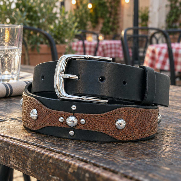 Milwaukee Leather Men's Black Two-Tone Stud Accent Genuine Leather Belt w/ Interchangeable Buckle - MP7130