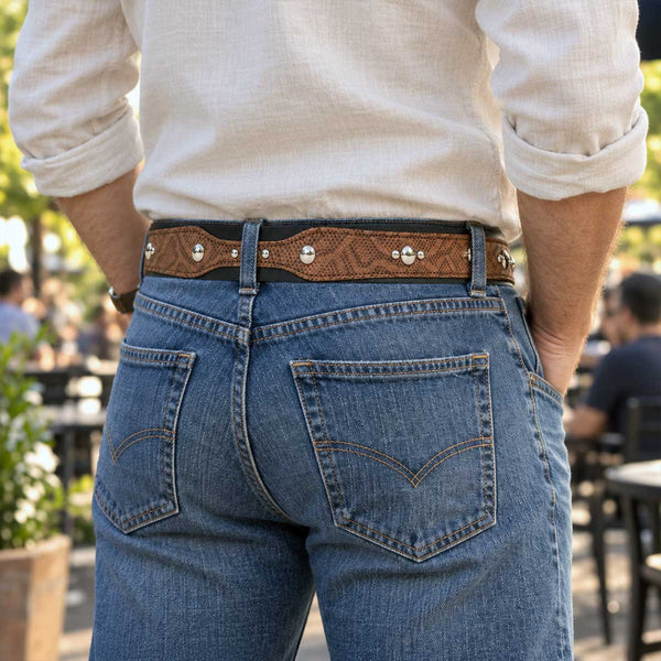 Milwaukee Leather Men's Black Two-Tone Stud Accent Genuine Leather Belt w/ Interchangeable Buckle - MP7130