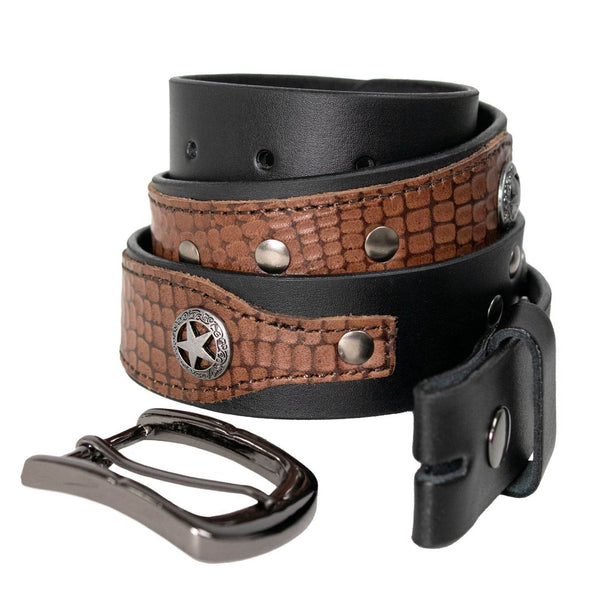 Milwaukee Leather Men's Black Star Emblem Genuine Leather Belt w/ Interchangeable Buckle - MP7134