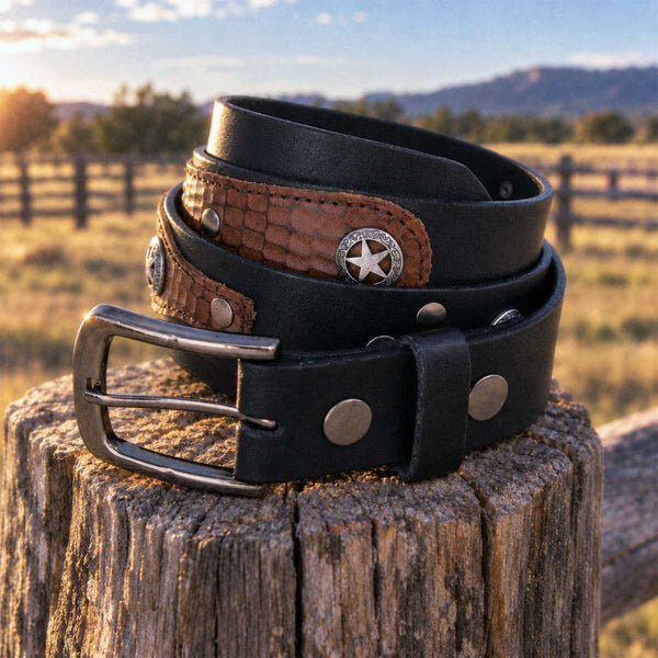 Milwaukee Leather Men's Black Star Emblem Genuine Leather Belt w/ Interchangeable Buckle - MP7134