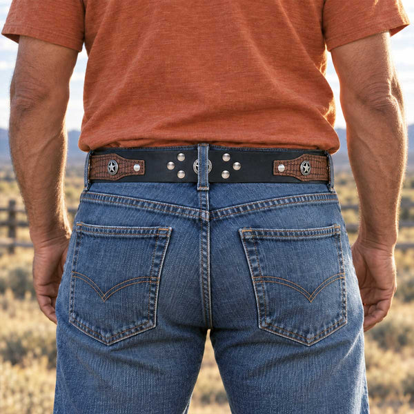 Milwaukee Leather Men's Black Star Emblem Genuine Leather Belt w/ Interchangeable Buckle - MP7134