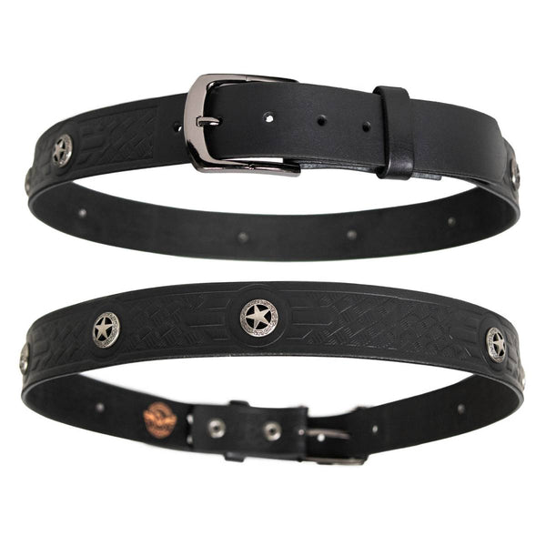 Milwaukee Leather Men's Frontier Star Black Leather Belt with Western Star Emblems  - 1.5 Inch Biker Belt - MP7135