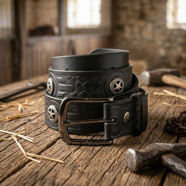 Milwaukee Leather Men's Frontier Star Black Leather Belt with Western Star Emblems - 1.5 Inch - MP7135