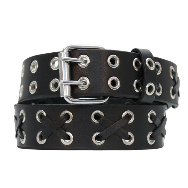 Milwaukee Leather Men's Black Double-Prong Grommet Leather Belt with Interchangeable Buckle - MP7137