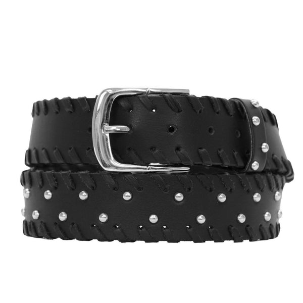 Milwaukee Leather Men's Black Studded Whip-Stitch Genuine Leather Belt - w/ Interchangeable Buckle - MP7138